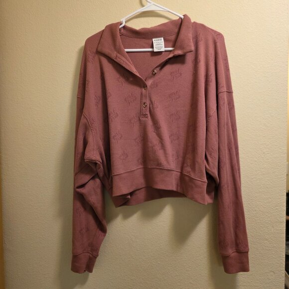 PINK Size XXL Long Sleeve Crew Neck Crop Top Quarter Button - Picture 2 of 6